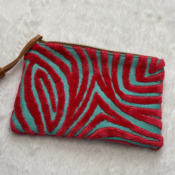 Glenda Gies Stylish Coral Velvet and Teal Clutch with Tassel - Picture 6 of 7